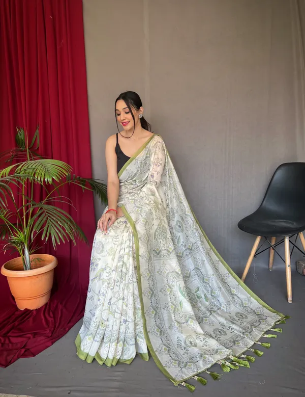 white_&_Green_Pure_Malai_Cotton_Sarees_With_Katha_Print_Work_With_Blouse_Piece_Attached